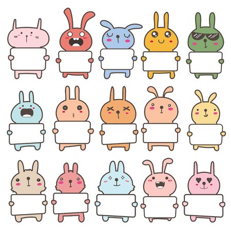 Set of cute bunny holding a billboard design. Vector illustration.のイラスト素材