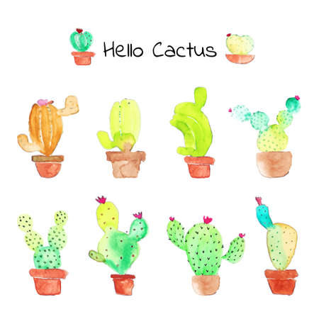 Cactus succulent plants watercolor set. Hand drawn vector illustration.のイラスト素材