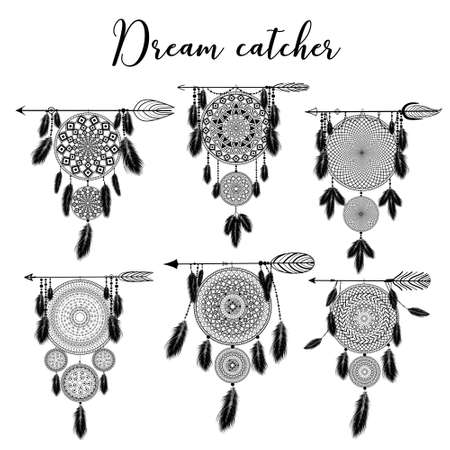 Hand drawn indian dreamcatcher with feathers. Illustration. Ethnic design, boho chic, tribal symbol.の写真素材