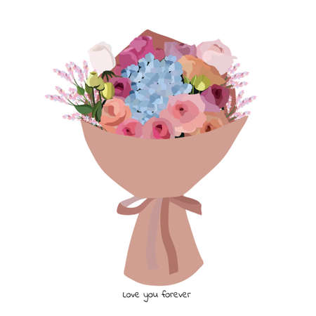 Beautiful bouquet with garden flowers. Floral decoration for gift. Vector Illustration.のイラスト素材
