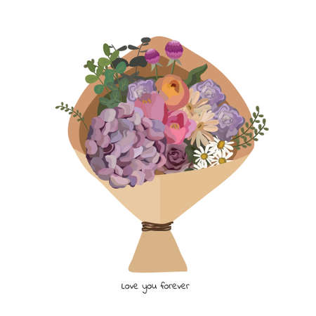Beautiful bouquet with garden flowers. Floral decoration for gift. Vector Illustration.のイラスト素材