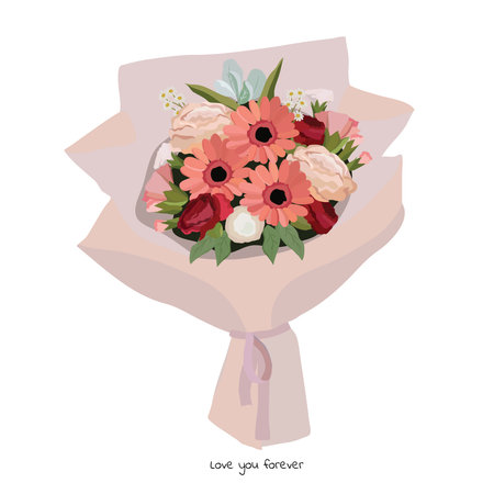 Beautiful bouquet with garden flowers. Floral decoration for gift. Vector Illustration.のイラスト素材