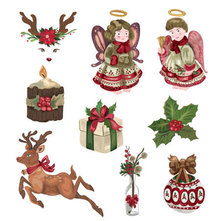 Christmas decorative elements set. Vector Illustrations on a white backgroundのイラスト素材