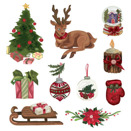 Christmas decorative elements set. Vector Illustrations on a white backgroundのイラスト素材