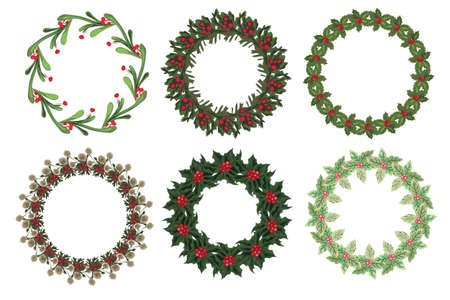 Set of christmas wreath with winter floral elements. Vector illustration.のイラスト素材