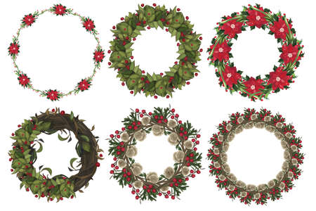 Set of christmas wreath with winter floral elements. Vector illustration.のイラスト素材