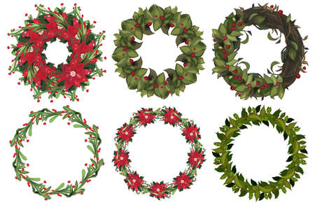Set of christmas wreath with winter floral elements. Vector illustration.のイラスト素材