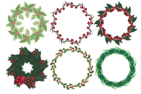Set of christmas wreath with winter floral elements. Vector illustration.のイラスト素材