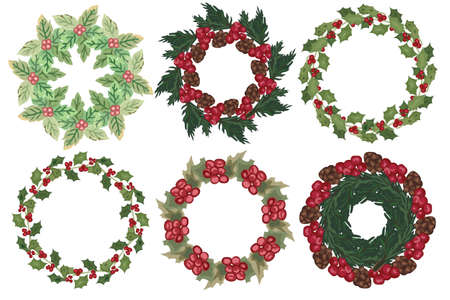 Set of christmas wreath with winter floral elements. Vector illustration.のイラスト素材