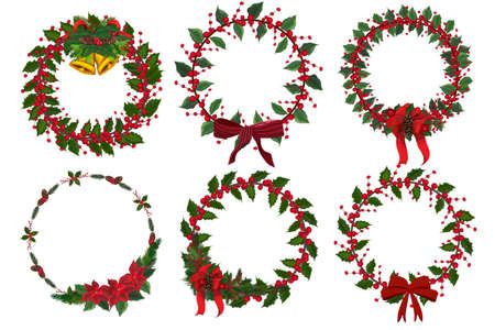 Set of christmas wreath with winter floral elements. Vector illustration.のイラスト素材