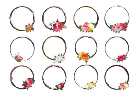 Set of beautiful flower wreath, floral frames set. Vector illustration.のイラスト素材