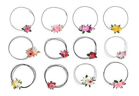 Set of beautiful flower wreath, floral frames set. Vector illustration.のイラスト素材