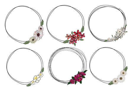 Set of beautiful flower wreath, floral frames set. Vector illustration.のイラスト素材