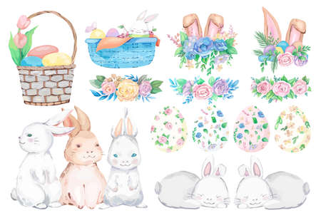 Cute happy easter elements set. Vector illustration.のイラスト素材