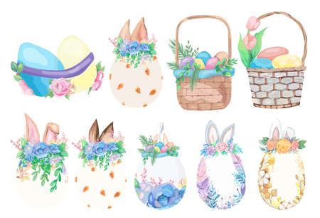 Cute happy easter elements set. Vector illustration.のイラスト素材