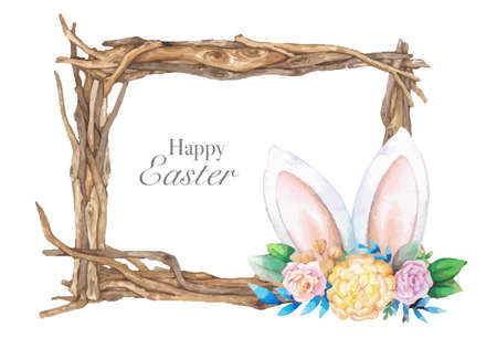 Watercolor wooden frame with spring easter decoration. Vector illustration.のイラスト素材