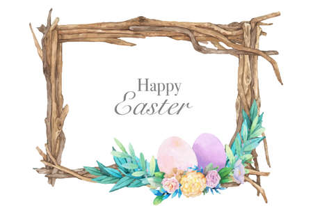 Watercolor wooden frame with spring easter decoration. Vector illustration.のイラスト素材