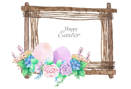 Watercolor wooden frame with spring easter decoration. Vector illustration.のイラスト素材