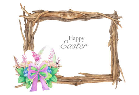 Watercolor wooden frame with spring easter decoration. Vector illustration.のイラスト素材