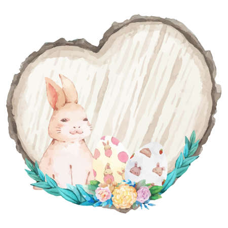 Watercolor wooden frame with spring easter decoration. Vector illustration.のイラスト素材