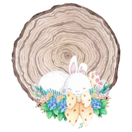 Watercolor wooden frame with spring easter decoration. Vector illustration.のイラスト素材