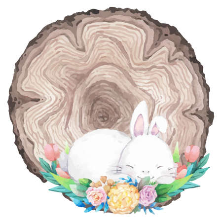 Watercolor wooden frame with spring easter decoration. Vector illustration.のイラスト素材