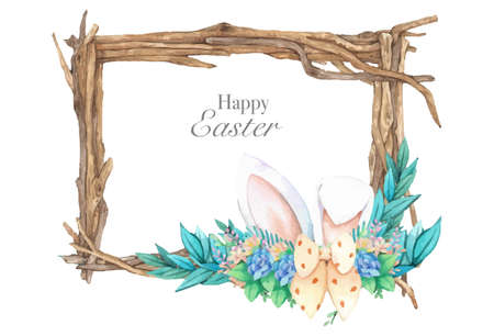 Watercolor wooden frame with spring easter decoration. Vector illustration.のイラスト素材
