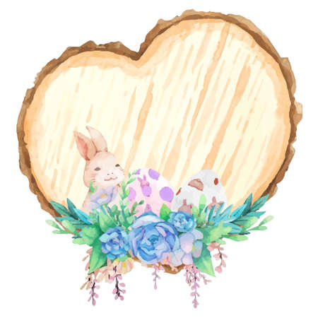 Watercolor wooden frame with spring easter decoration. Vector illustration.のイラスト素材