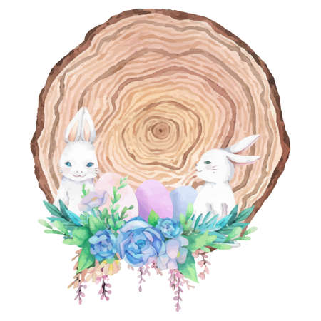 Watercolor wooden frame with spring easter decoration. Vector illustration.のイラスト素材