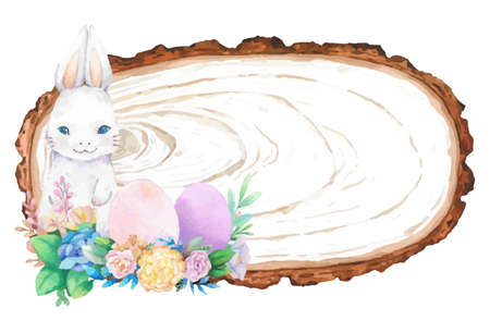 Watercolor wooden frame with spring easter decoration. Vector illustration.のイラスト素材