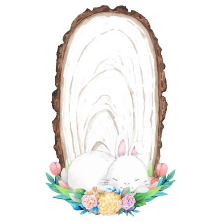 Watercolor wooden frame with spring easter decoration. Vector illustration.のイラスト素材