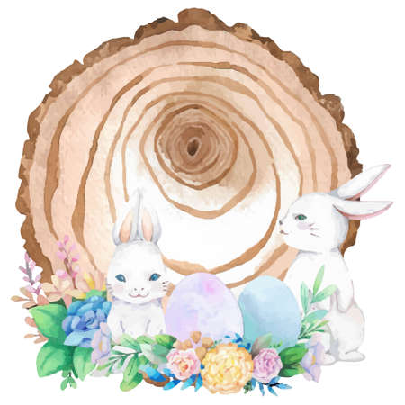 Watercolor wooden frame with spring easter decoration. Vector illustration.のイラスト素材