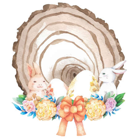 Watercolor wooden frame with spring easter decoration. Vector illustration.のイラスト素材