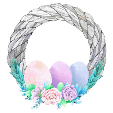 Watercolor wreath frame with spring easter decoration. Vector illustration.のイラスト素材