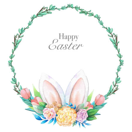 Watercolor wreath frame with spring easter decoration. Vector illustration.のイラスト素材