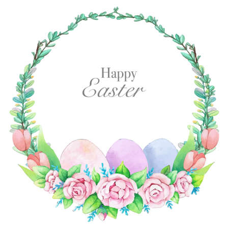 Watercolor wreath frame with spring easter decoration. Vector illustration.のイラスト素材