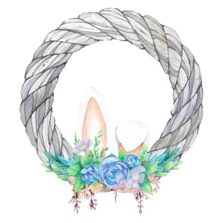 Watercolor wreath frame with spring easter decoration. Vector illustration.のイラスト素材