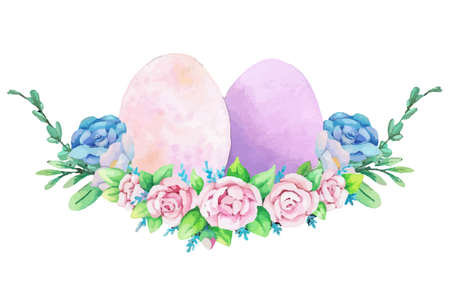 Watercolor wreath frame with spring easter decoration. Vector illustration.のイラスト素材