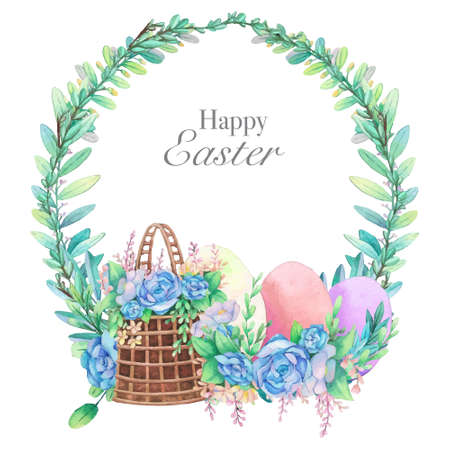 Watercolor wreath frame with spring easter decoration. Vector illustration.のイラスト素材