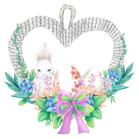 Watercolor wreath frame with spring easter decoration. Vector illustration.のイラスト素材