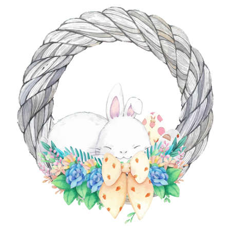Watercolor wreath frame with spring easter decoration. Vector illustration.のイラスト素材