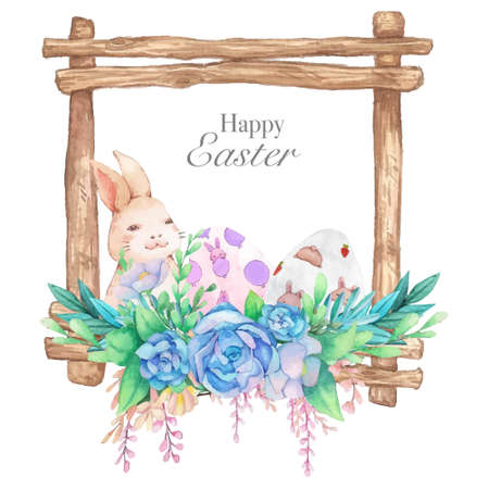 Watercolor wreath frame with spring easter decoration. Vector illustration.のイラスト素材