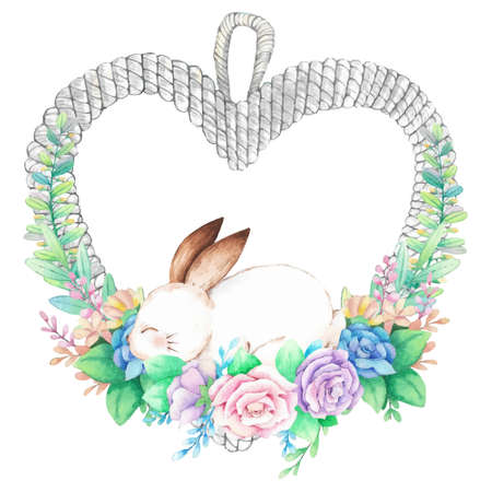 Watercolor wreath frame with spring easter decoration. Vector illustration.のイラスト素材