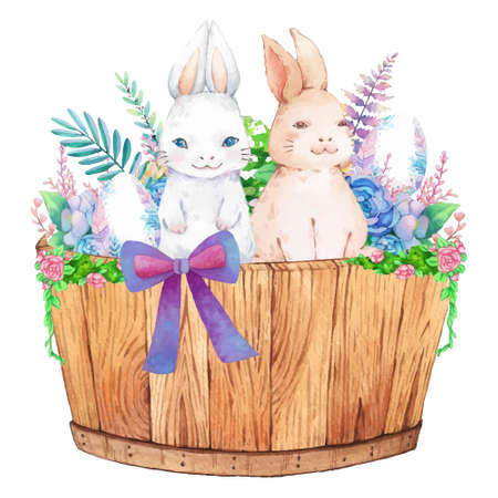 Watercolor wooden frame with spring easter decoration. Vector illustration.のイラスト素材