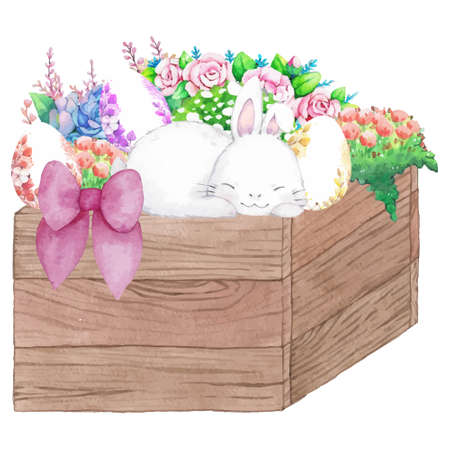 Watercolor wooden frame with spring easter decoration. Vector illustration.のイラスト素材