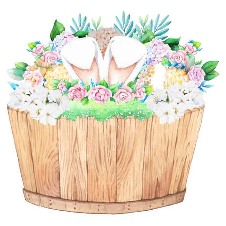 Watercolor wooden frame with spring easter decoration. Vector illustration.のイラスト素材