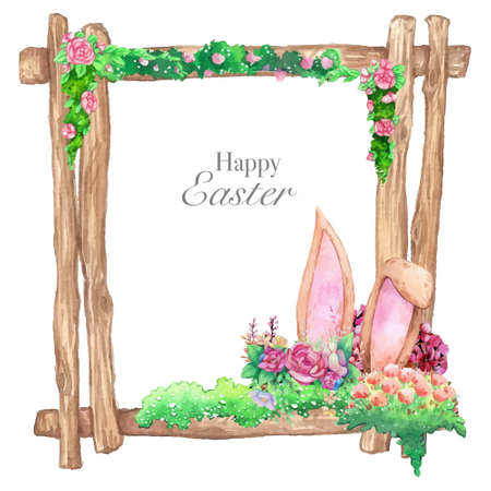Watercolor wooden frame with spring easter decoration. Vector illustration.のイラスト素材