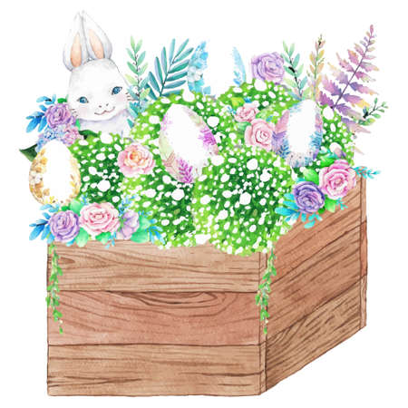 Watercolor wooden frame with spring easter decoration. Vector illustration.のイラスト素材