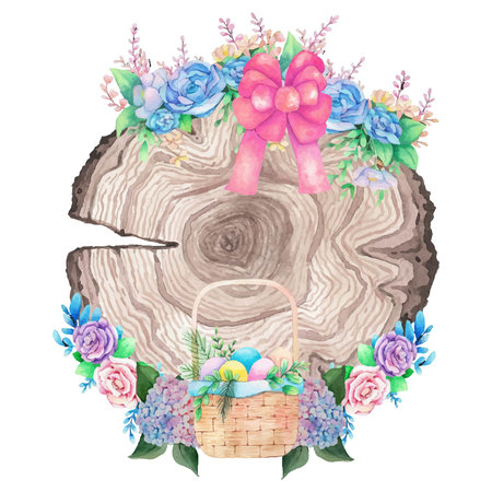 Watercolor wooden frame with spring easter decoration. Vector illustration.