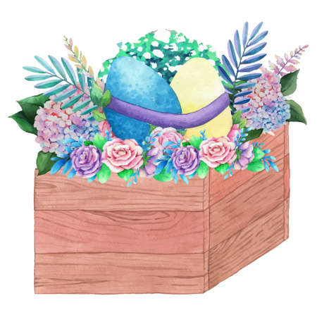 Watercolor wooden frame with spring easter decoration. Vector illustration.のイラスト素材